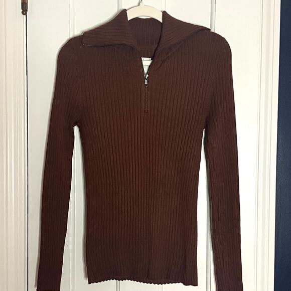 ♥️ Anthropologie Maeve Brown Fitted Half Zip Ribbed Sweater Size Small - Picture 3 of 8